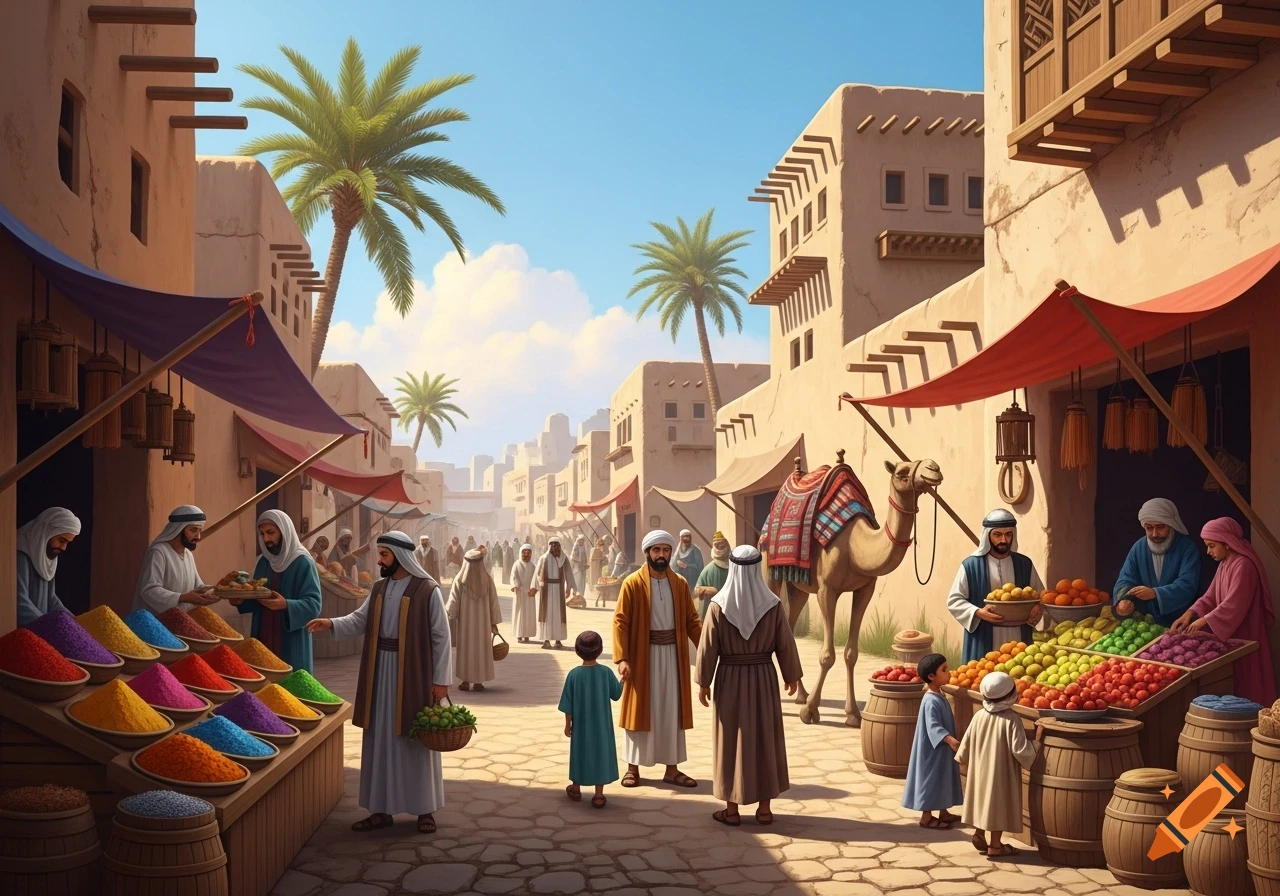 A bustling ancient Middle Eastern marketplace with merchants selling colorful spices and fruits, adobe buildings, and a camel.