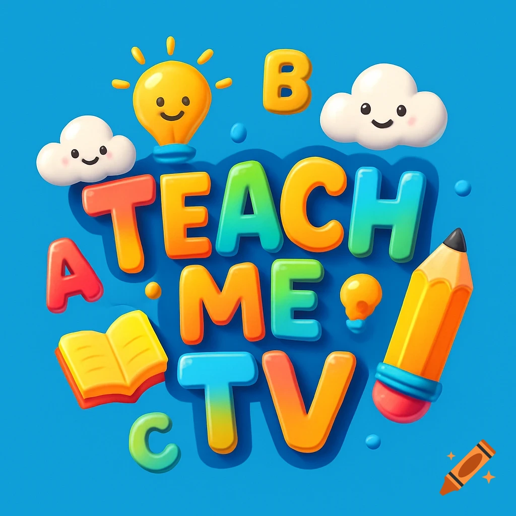 Colorful 3D cartoon logo for 'Teach Me TV' with educational elements like a smiling lightbulb, clouds, open book, and pencil on a blue background.