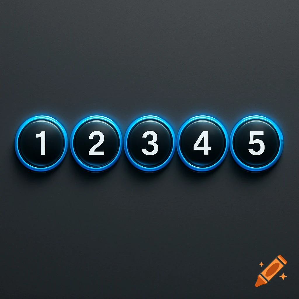 Five glowing blue-rimmed black circular buttons with white numbers 1 through 5 in a row on a dark gray background.