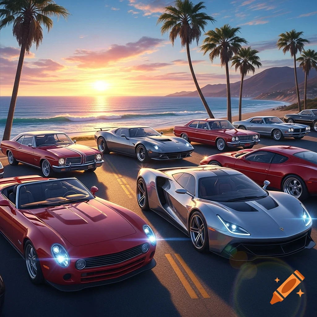 Classic and modern sports cars parked on a coastal road at sunset with palm trees.