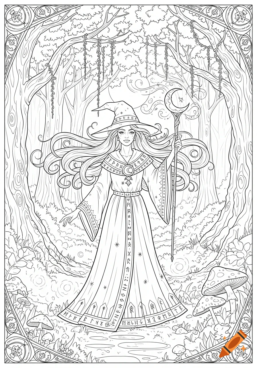 A witch in a pointy hat and flowing robe, holding a crescent moon staff, stands in a mystical forest. Line art for a coloring book.