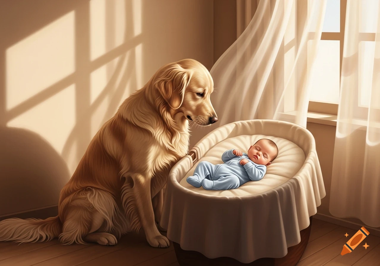A golden retriever gently looks into a bassinet where a baby sleeps, bathed in warm sunlight from a nearby window.