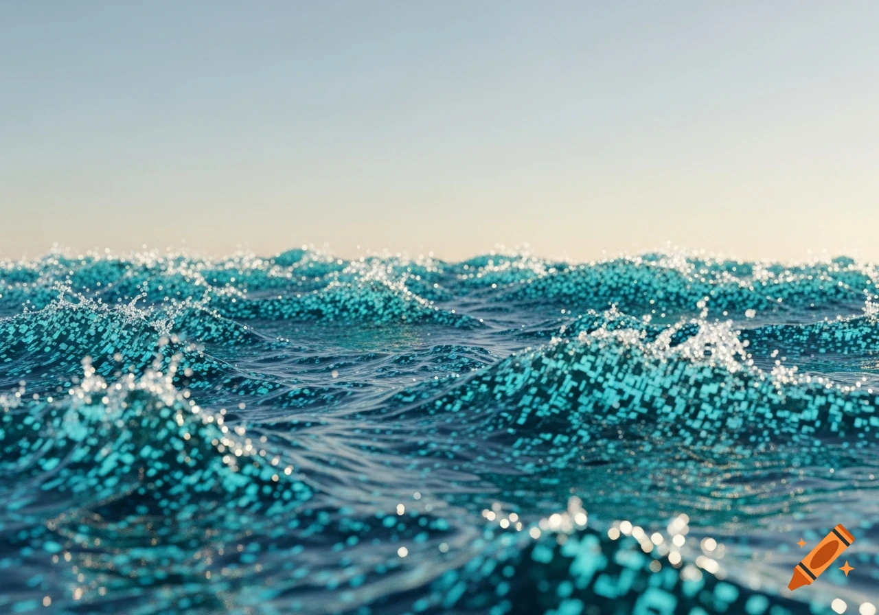 Pixelated ocean waves sparkle under a clear sky.