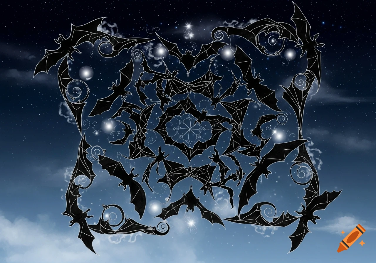 Ornate pattern of black bat silhouettes against a starry twilight sky with clouds.