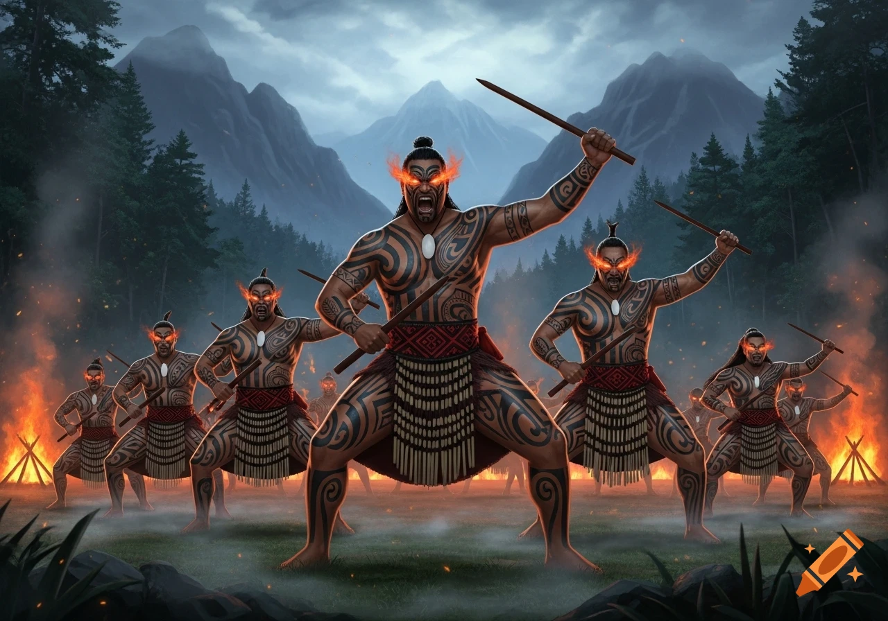 Heavily tattooed warriors with glowing eyes and spears perform a ritualistic pose amidst fire pits in a dark mountain forest, fantasy art.