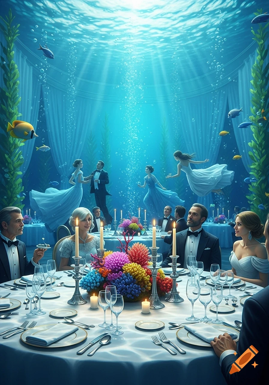 Elegantly dressed people attend a surreal underwater dinner party in a grand hall with floating guests, fish, and light rays.