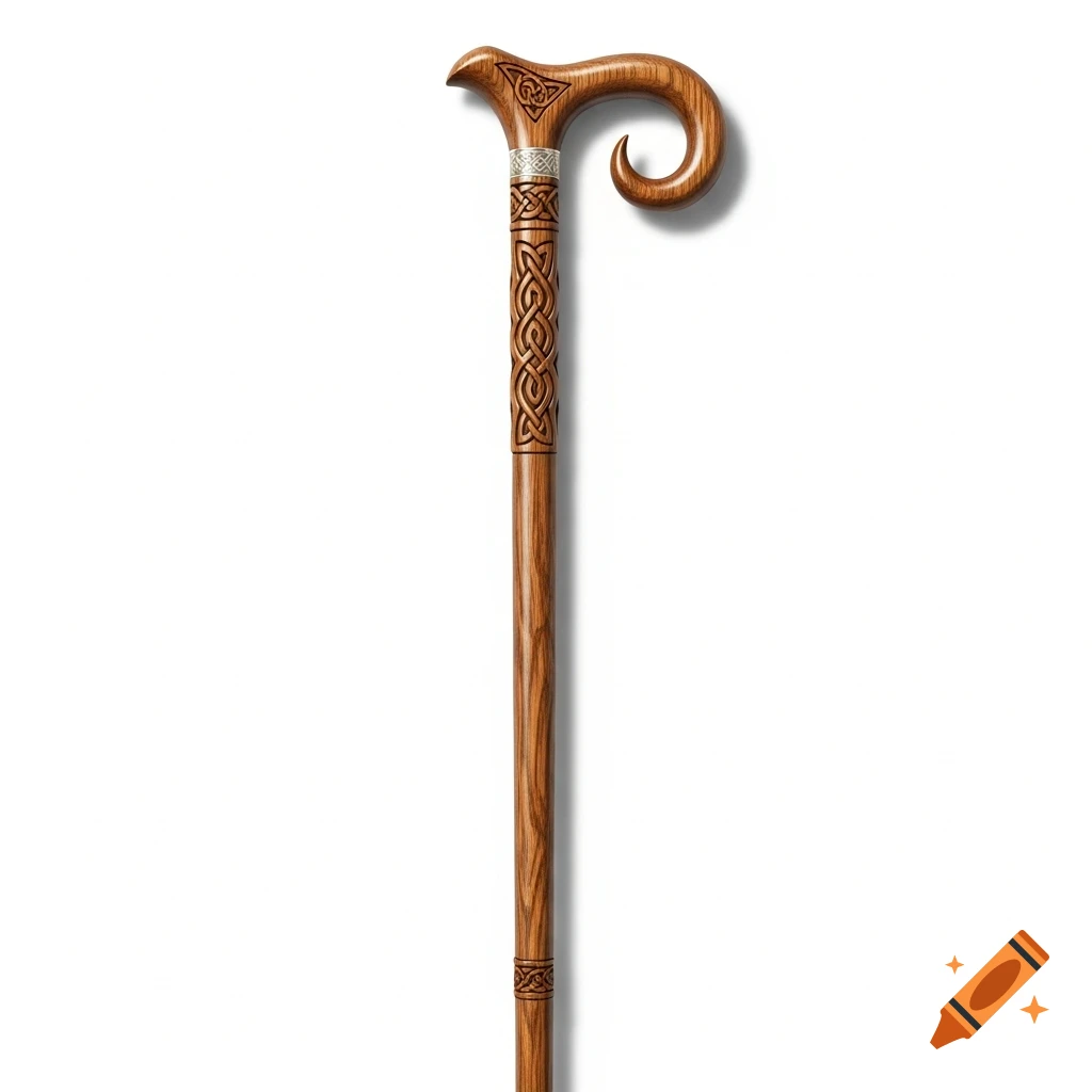 A detailed, carved oak walking stick with a curved handle and Celtic knot patterns, standing vertically on a white background.