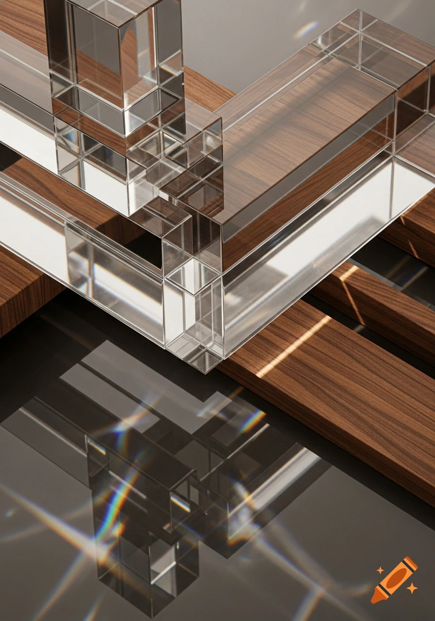 Abstract 3D render of intersecting glass blocks and wooden planks on a reflective surface, with light refractions.