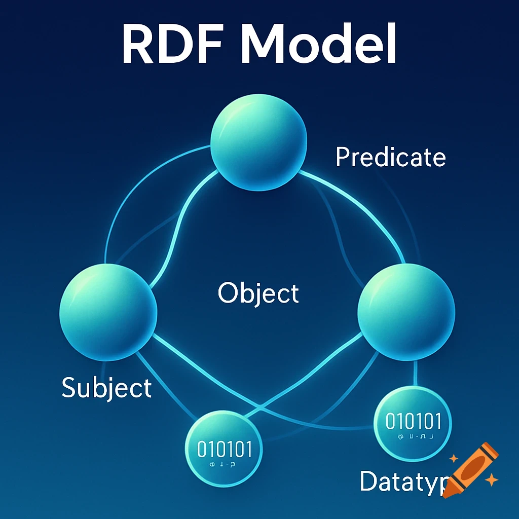 A diagram of the RDF Model with glowing blue nodes labeled Subject, Predicate, Object, and Datatype, connected by luminous lines on a dark blue background.