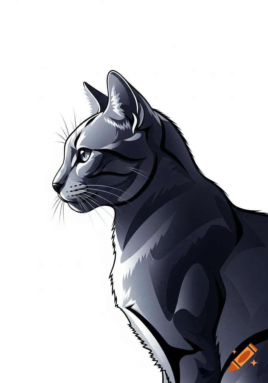 A stylized 2D grey cat in profile, looking left, against a white background.
