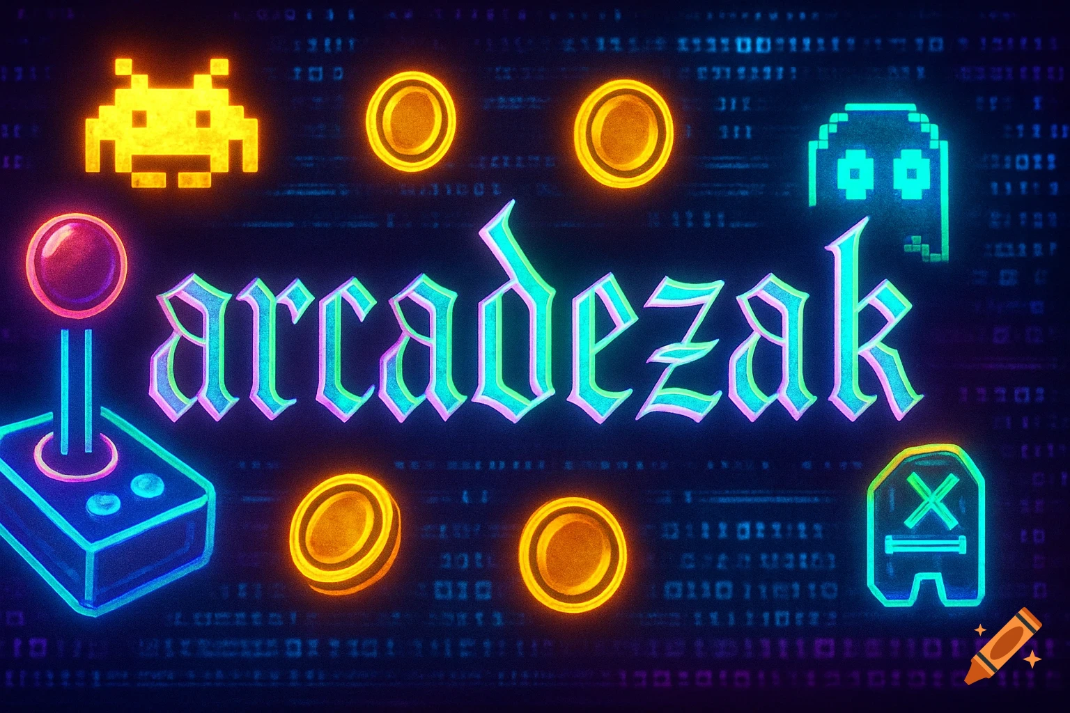 Neon pixel art banner with 'arcadezak' text, arcade joystick, coins, and pixel characters on a binary background.