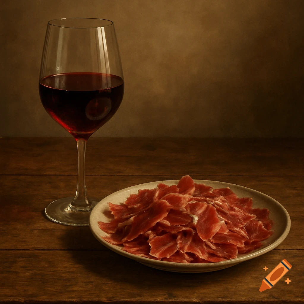 An elegant glass of red wine and a plate of thinly sliced Iberian ham on a rustic wooden table with soft, warm lighting.