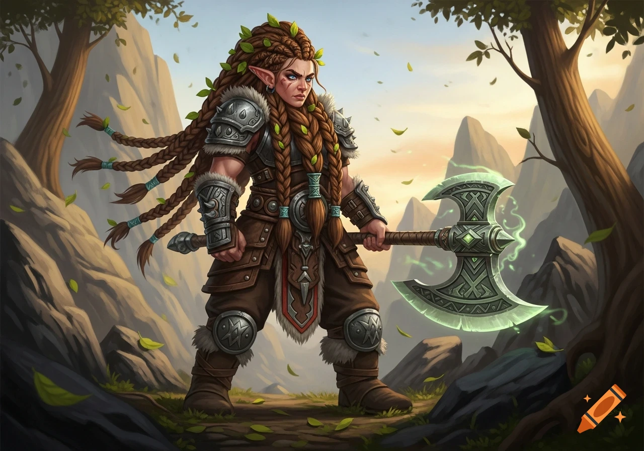 Illustrated female dwarven barbarian with leaf-adorned braids, armor, and a glowing green double-bladed axe in a forest.