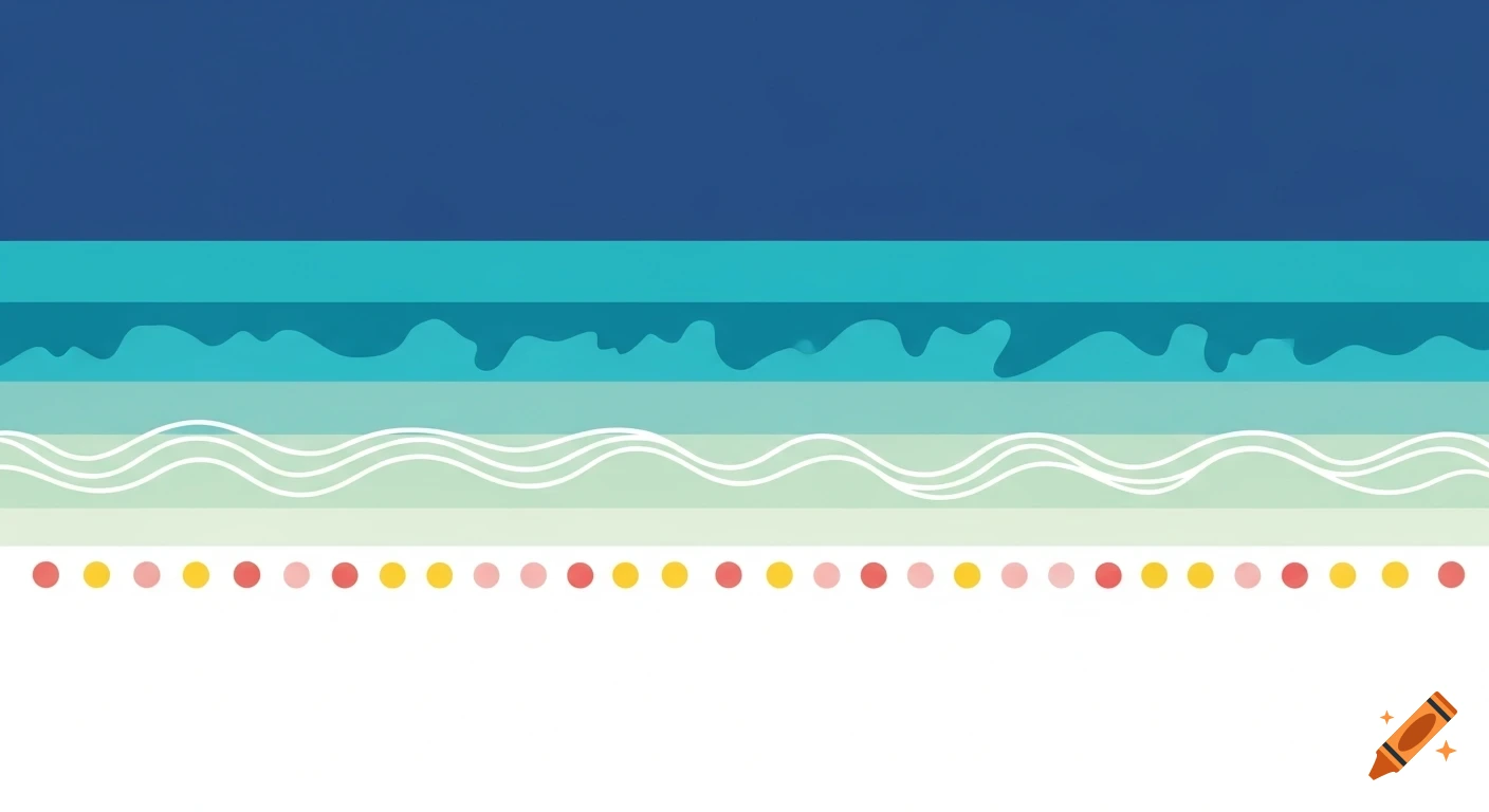 Abstract coastal landscape illustration with stacked blue, teal, green, and white bands, plus a row of colorful dots.