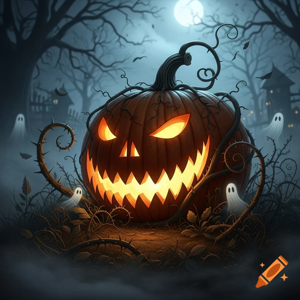 A glowing, sinister jack-o'-lantern sits in a spooky, misty forest with ghosts and bare trees under a full moon.