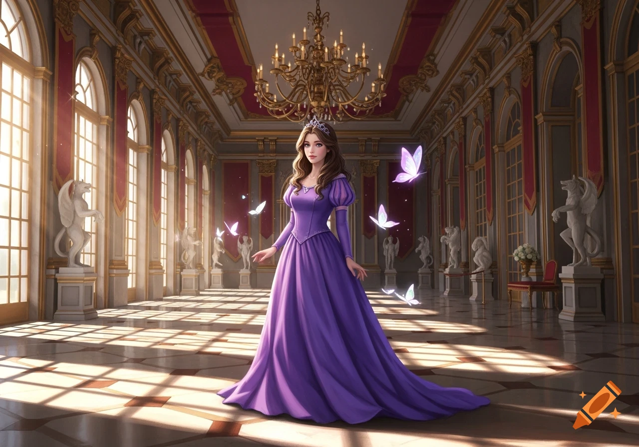 A princess in a purple gown stands in a grand, sunlit palace hall with chandeliers and statues, surrounded by glowing butterflies.