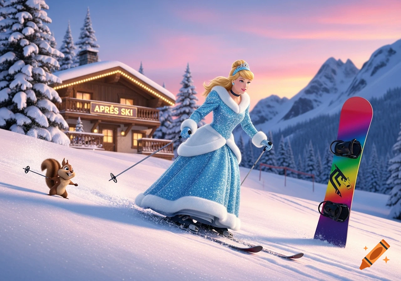 Cinderella in a sparkling blue dress skis down a snowy mountain slope with a squirrel, an après-ski lodge, and a rainbow snowboard.