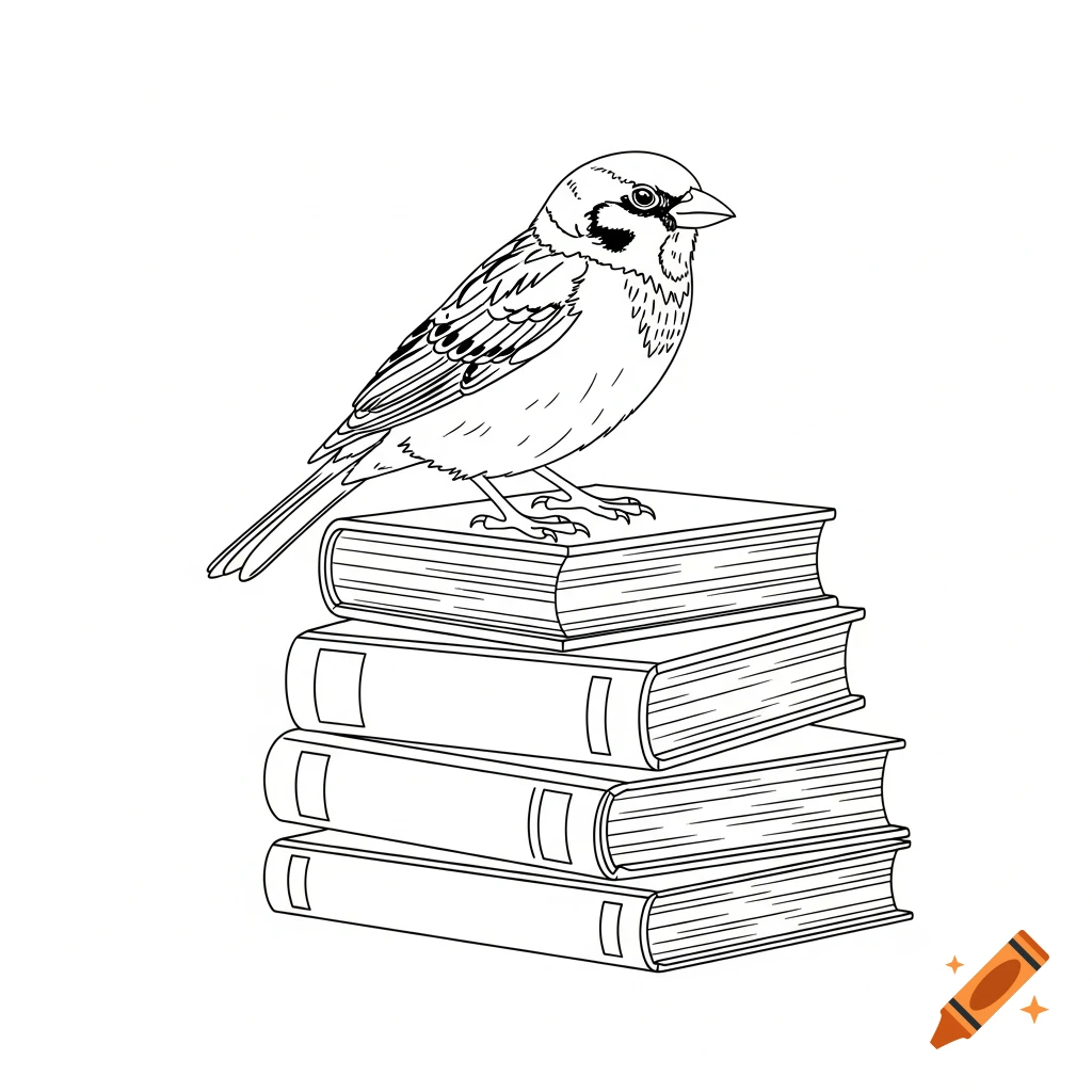 Line art illustration of a sparrow perched on a stack of four books.