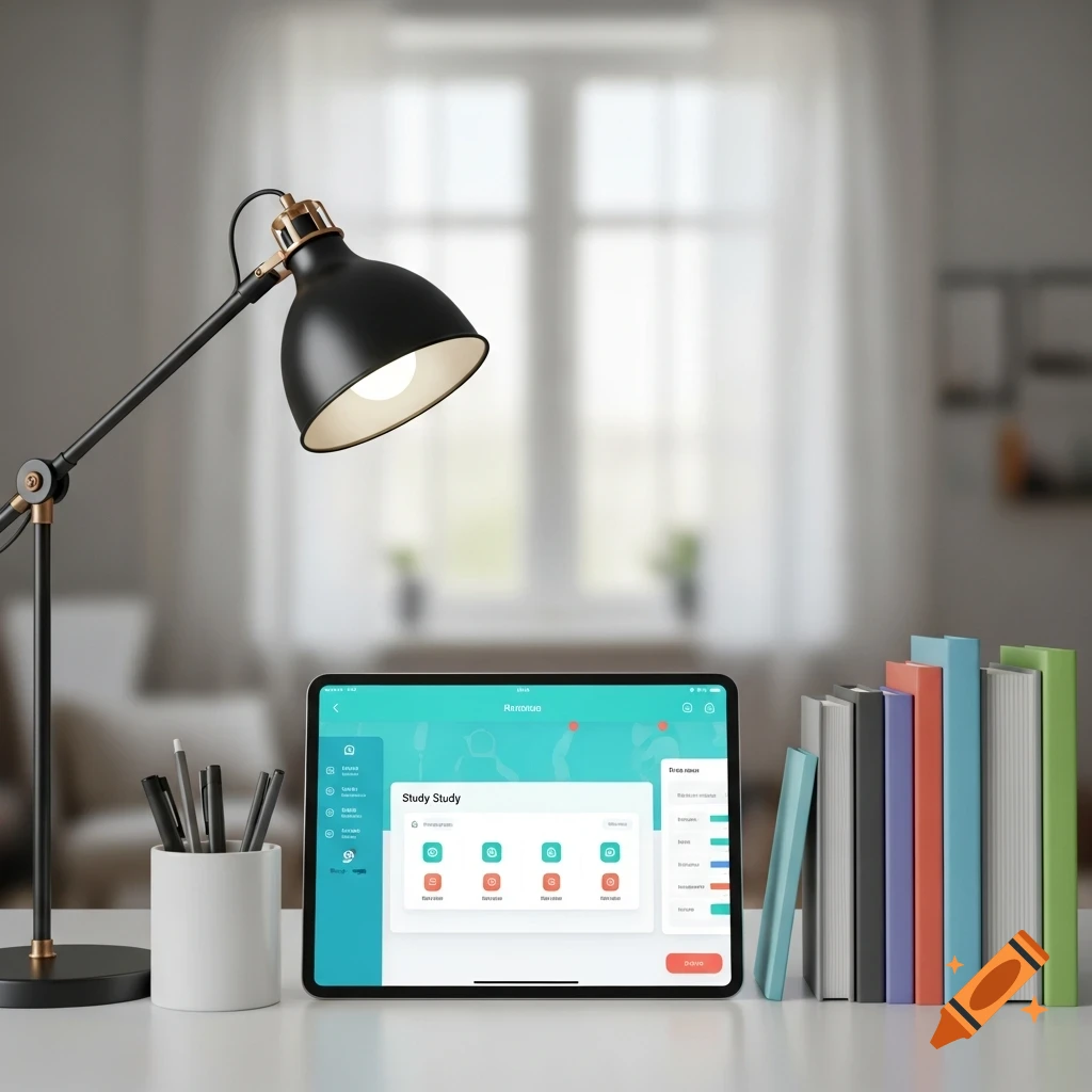 A close-up shot of a modern desk setup with a tablet displaying a study app, a black desk lamp, a pen holder, and a stack of colorful books.