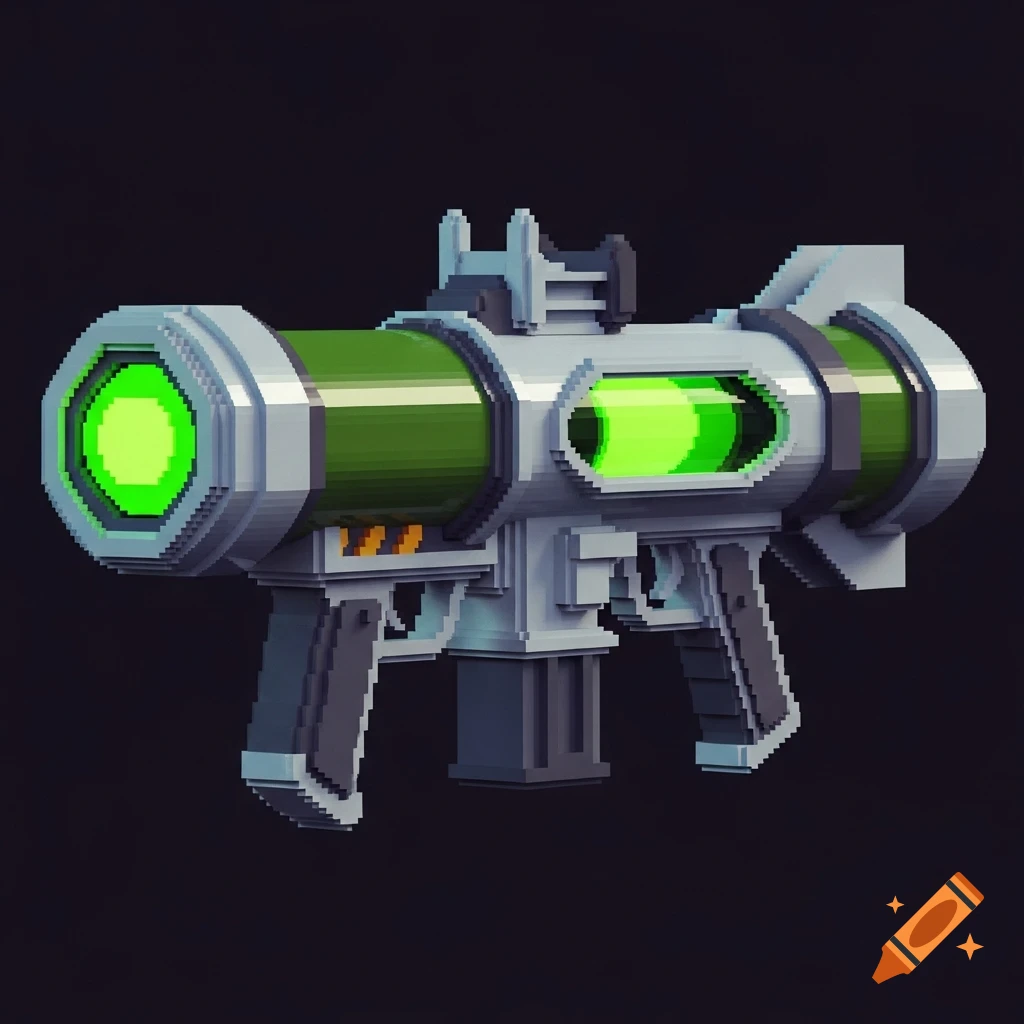 A pixel art, low-poly 3D rocket launcher with a glowing green acid container, in the style of a PS1 game.