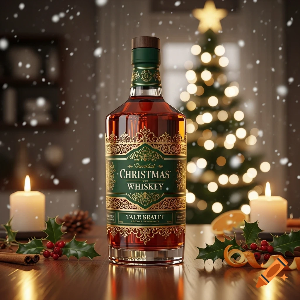 A festive Christmas whiskey bottle with a green and gold label on a wooden table, surrounded by holly, cinnamon sticks, and lit candles, with a bokeh Christmas tree in the background and falling snow.