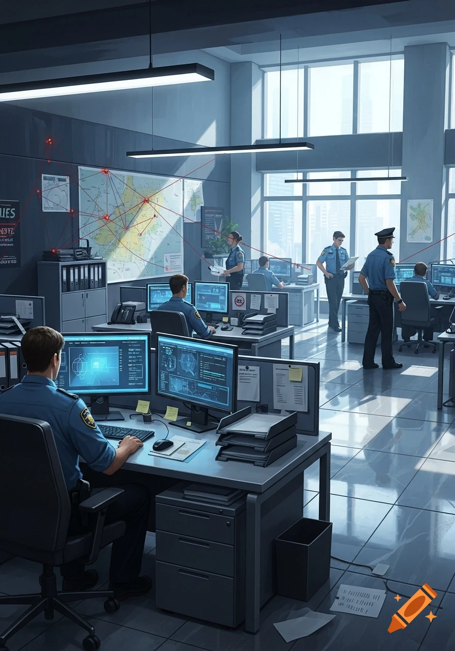 An overhead view of a bustling police office with officers in uniform working at computers and discussing details around a large map covered in red lines and points.