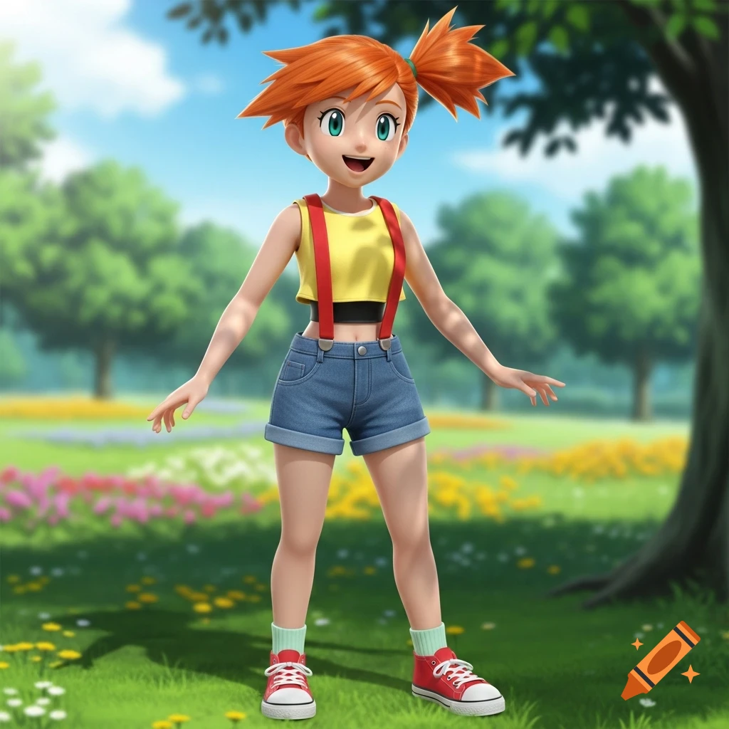 A 3D rendered Misty from Pokemon, with orange hair and a yellow crop top, blue shorts, and red suspenders, stands in a vibrant grassy field.