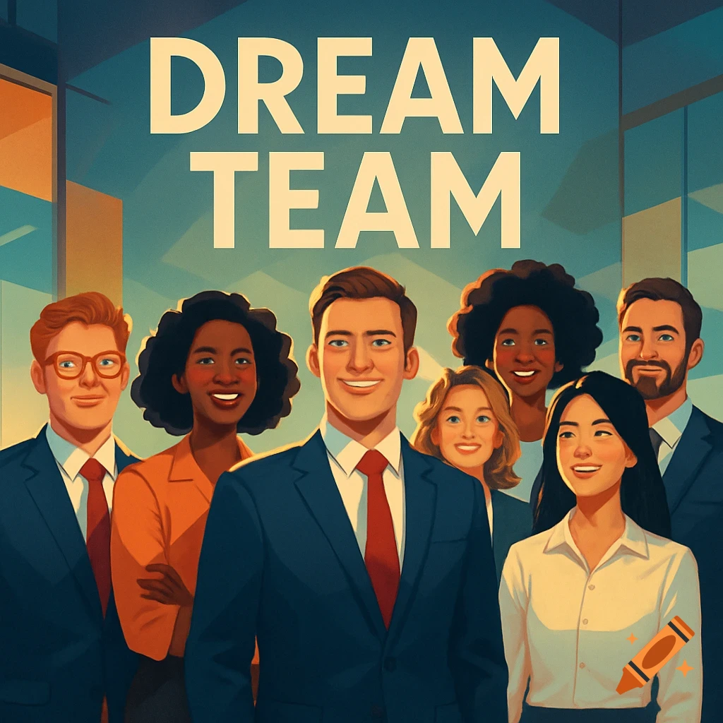 An illustration of a diverse group of seven smiling business professionals standing together in an office with "DREAM TEAM" text above them.