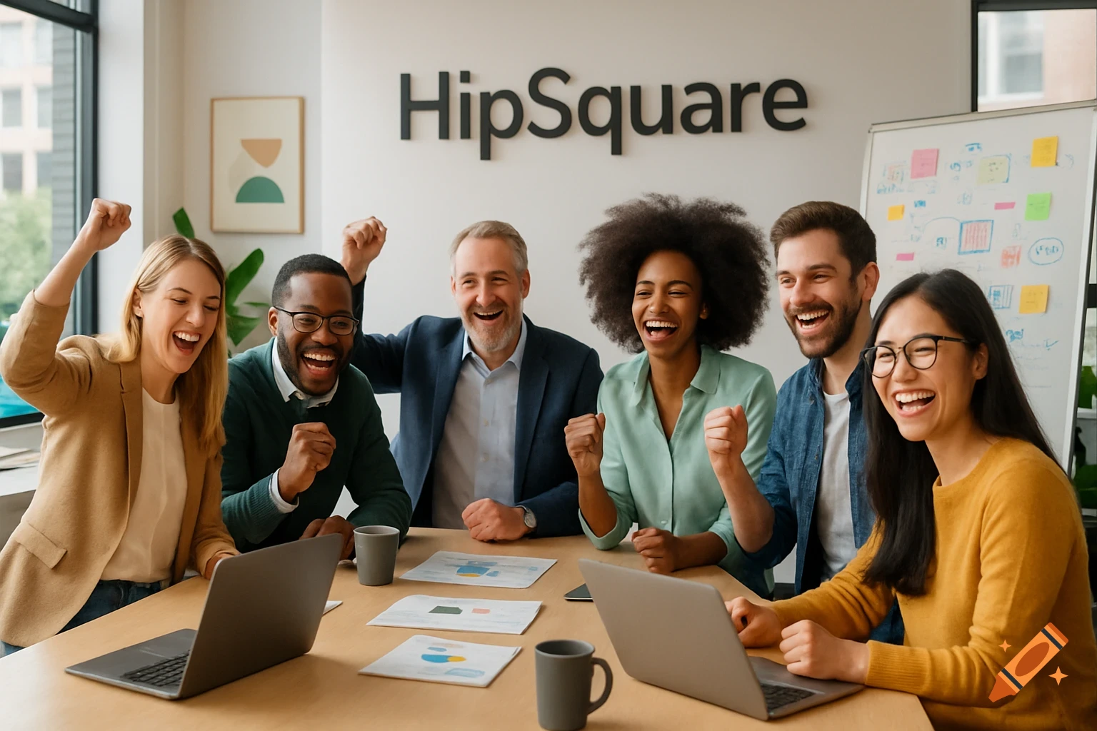 A diverse team of six colleagues celebrating in a modern office, gathered around a table with laptops, 'HipSquare' on the wall, photorealistic.