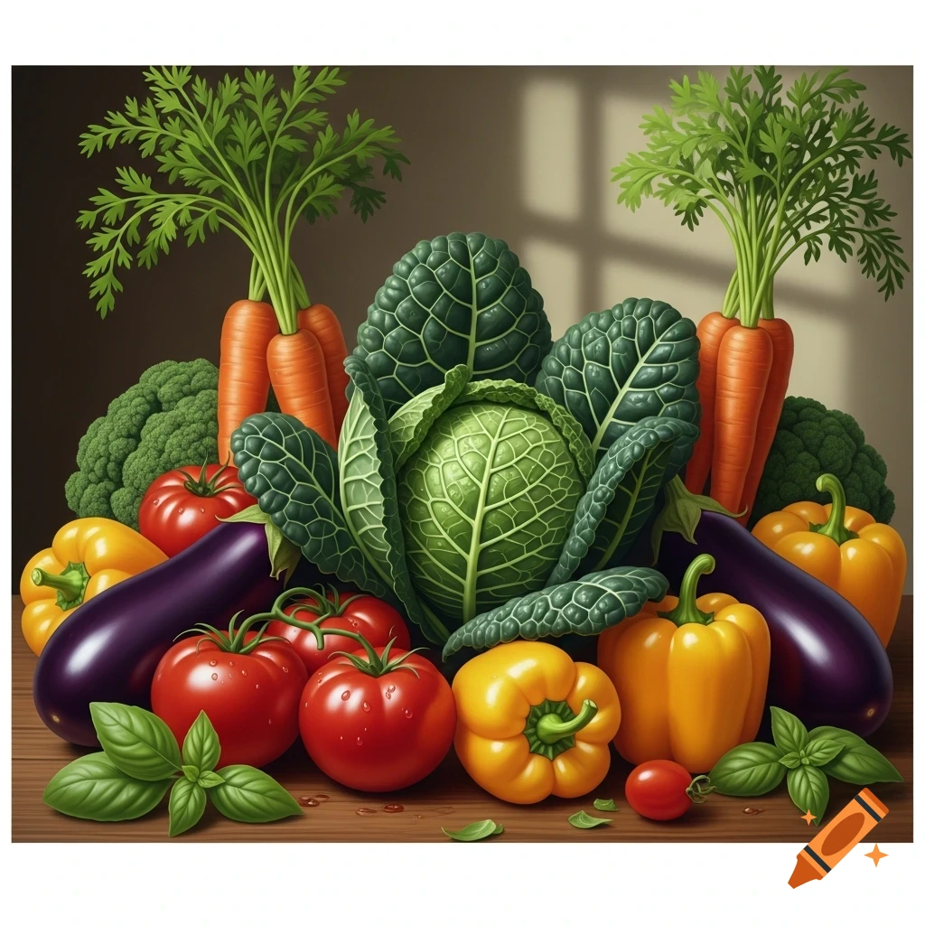 Vibrant still life of fresh vegetables including cabbage, carrots, tomatoes, bell peppers, eggplants, broccoli, and basil on a wooden surface.