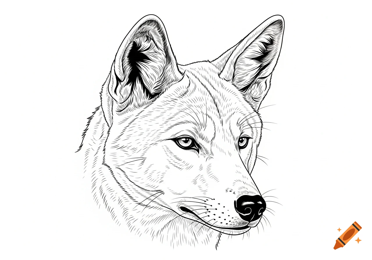 Detailed black and white line drawing of a dingo's head on a white background.