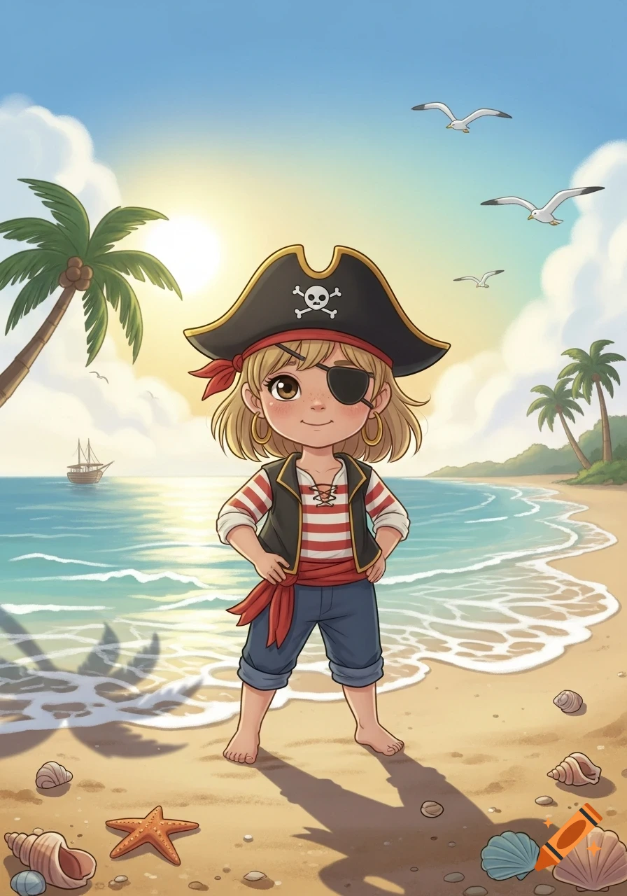 A cheerful blonde cartoon pirate girl with an eye patch and a skull hat stands on a sunny beach with palm trees and ocean.