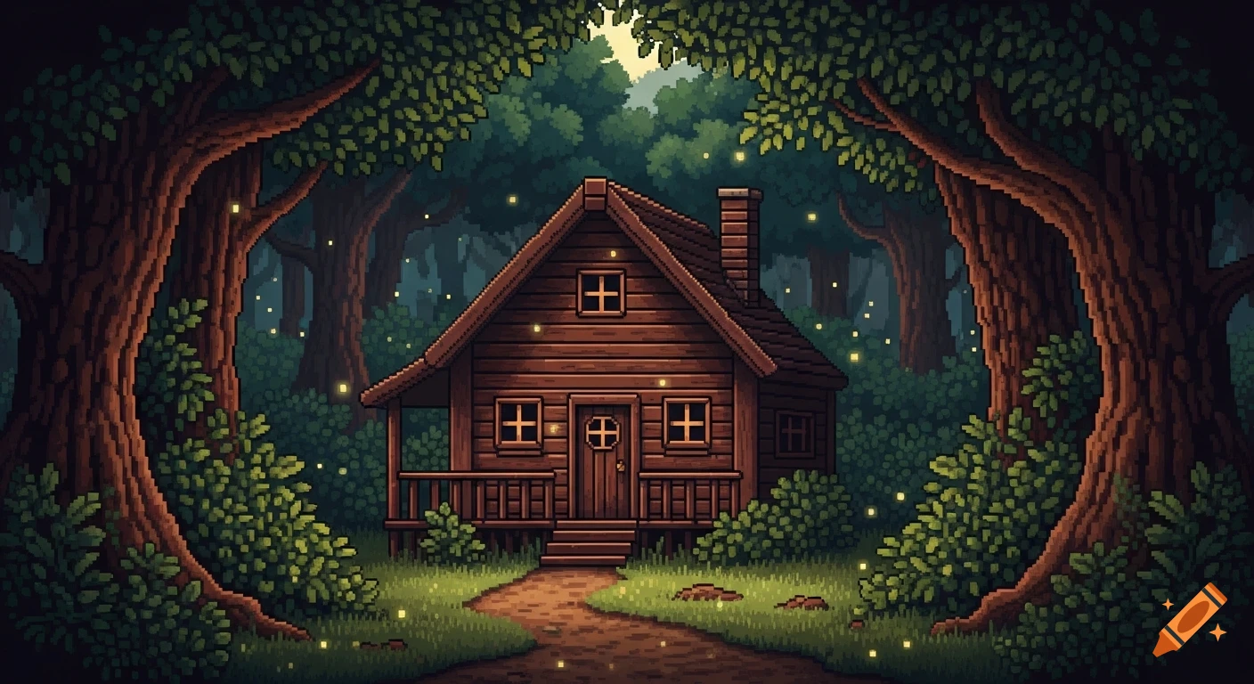 Pixel art of a cozy brown cabin nestled in a dark green forest with twinkling fireflies, illuminated by dim, late-day light.