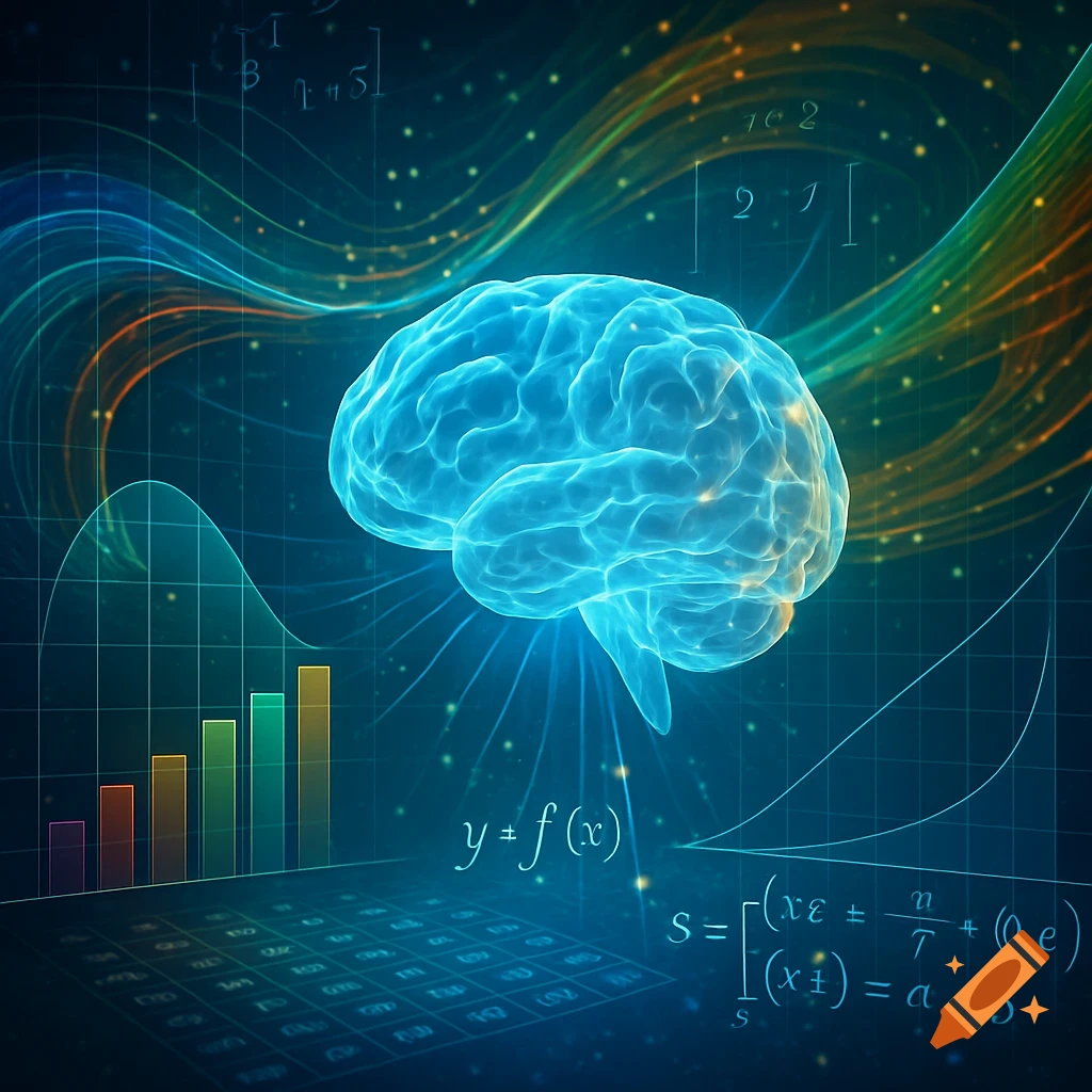 A glowing blue brain surrounded by abstract data visualizations, including graphs, bar charts, and mathematical formulas, on a dark blue grid background.