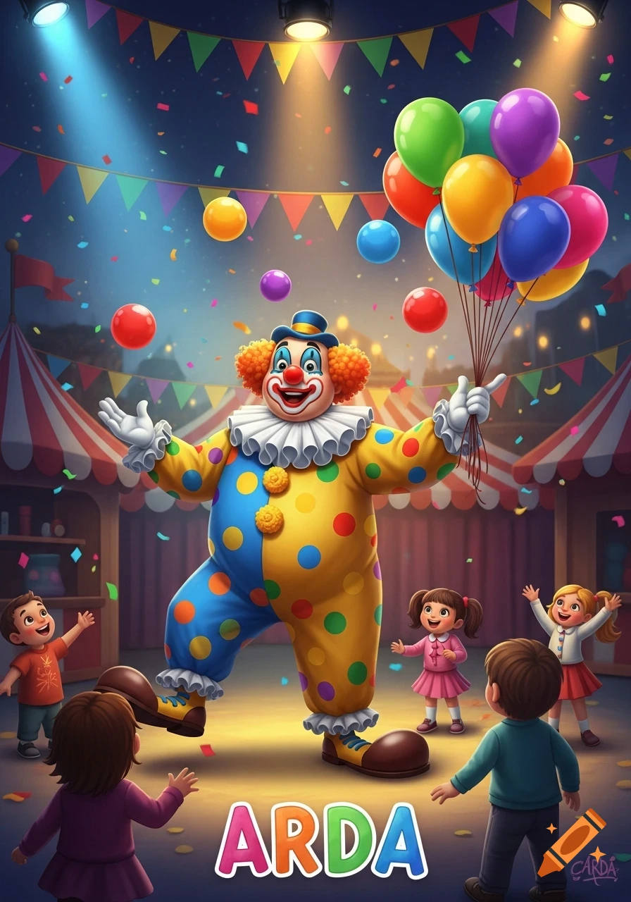A cheerful clown in a polka-dotted suit juggles and holds balloons as happy children watch at a festive circus. Text 'ARDA' is visible.