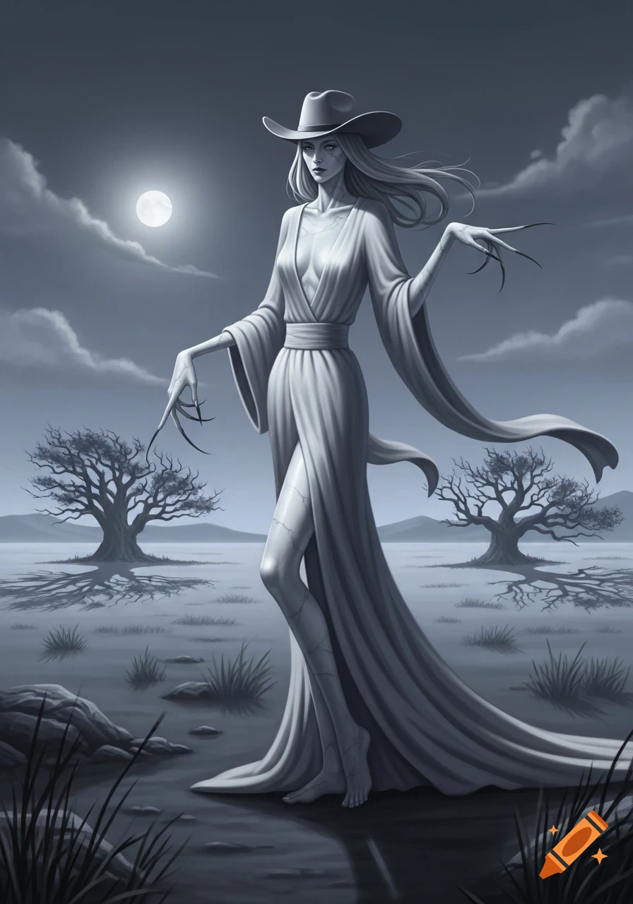 Monochromatic, eerie depiction of a tall, marble-like woman with clawed hands and a cowboy hat, standing in a desolate, moonlit landscape.
