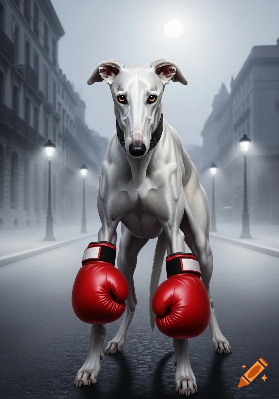 A white greyhound wearing red boxing gloves stands in a foggy city street at night, with streetlights and buildings in the background.