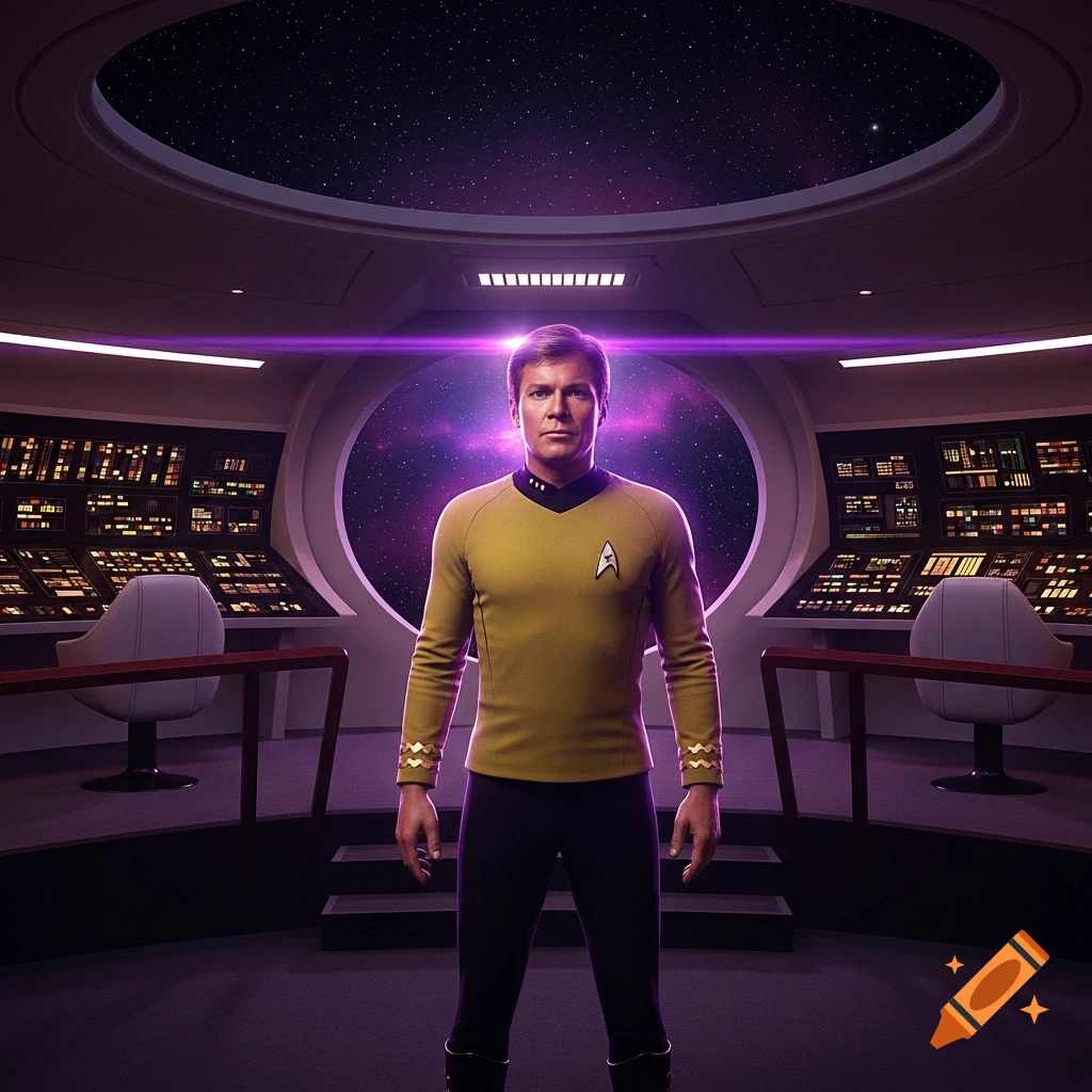 Captain Kirk in a gold uniform stands on a futuristic Starfleet bridge with glowing control panels and a view of space.