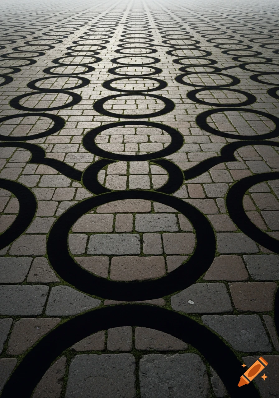 A low-angle view of a textured paved ground with a repeating pattern of thick black interlocking circles.