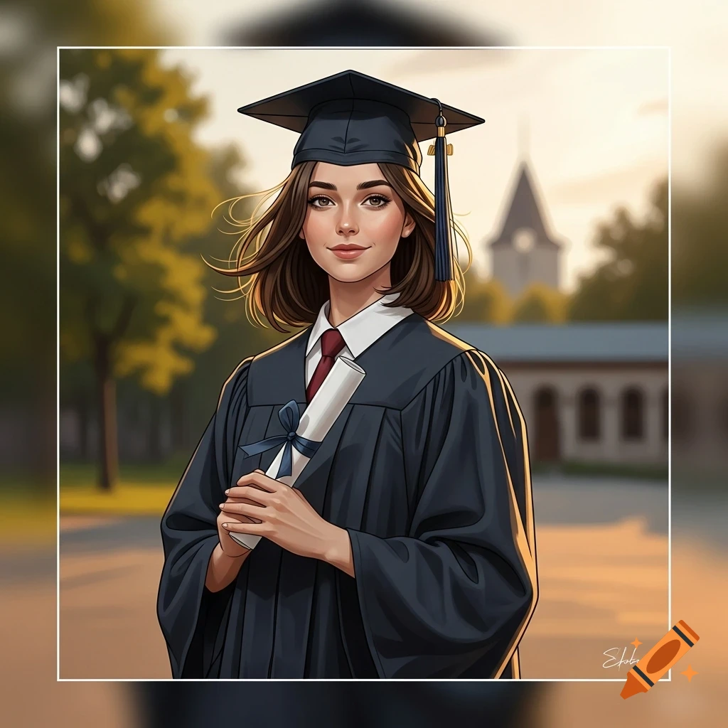 A smiling, brown-haired girl in a graduation cap and gown holds a diploma. Stylized illustration set on a campus background.