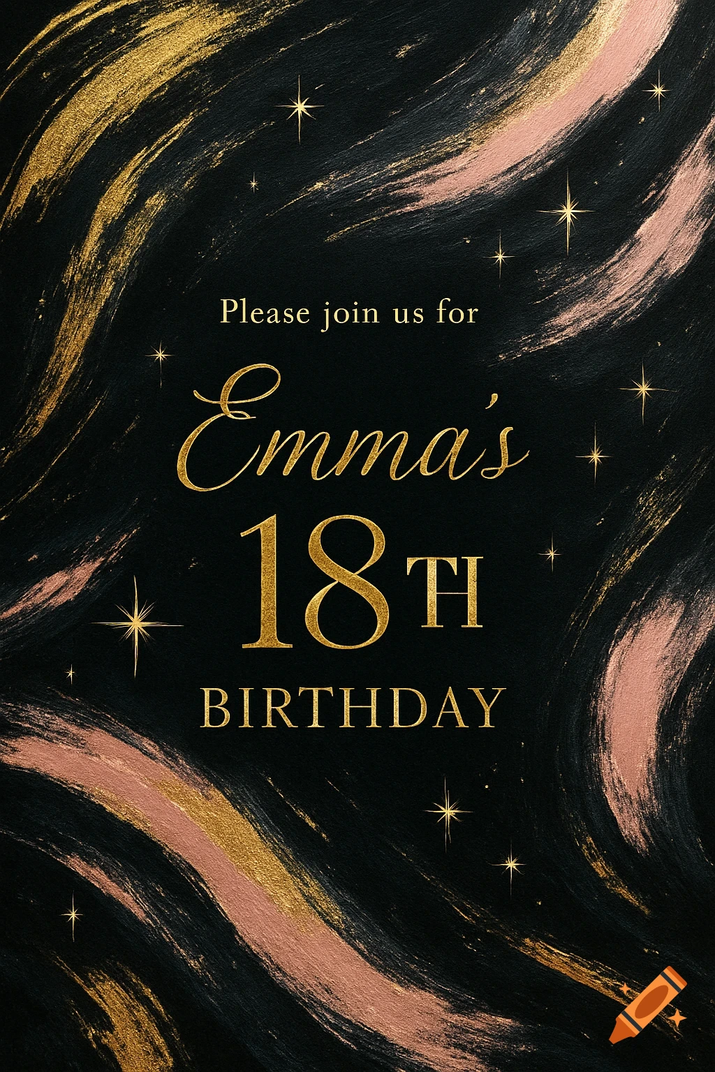Artsy 18th birthday invitation with 'Emma's 18TH BIRTHDAY' in gold text, set against a black background with gold and pink brush strokes and sparkling stars.