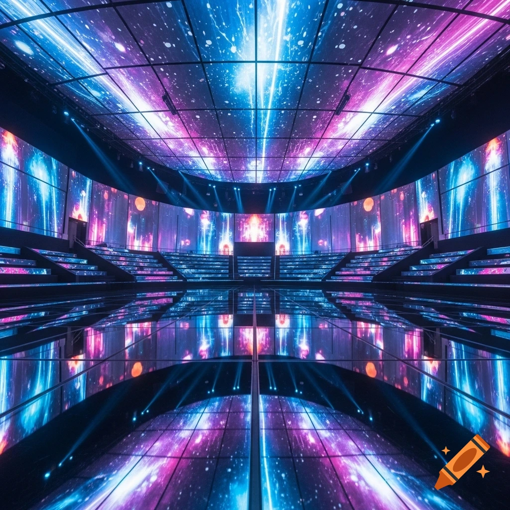 A vibrant, futuristic 360-degree stage with a highly reflective floor, illuminated by blue and pink light patterns.