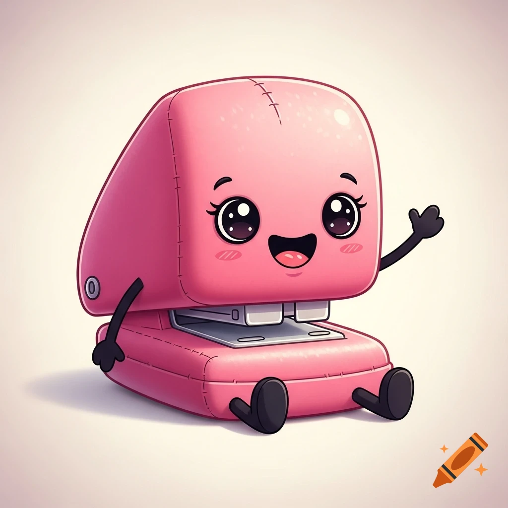 A cute, pink cartoon plush stapler with a smiling face and big eyes, waving, sitting on a clean background.