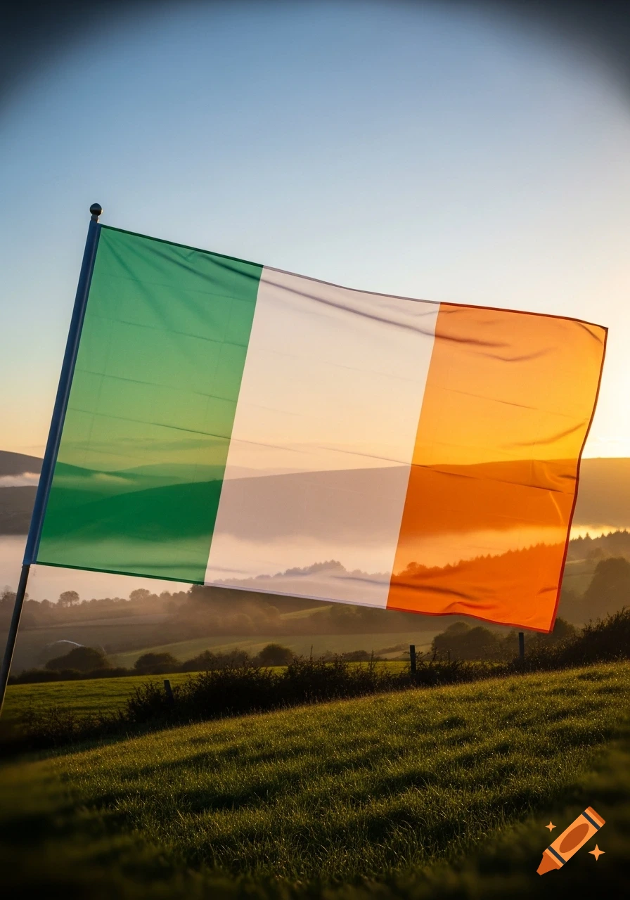 An Irish flag waving on a pole over a misty, green valley landscape at sunrise.