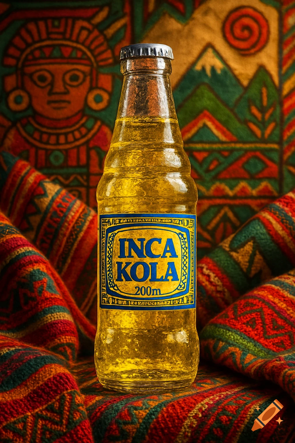 A bottle of Inca Kola soda on a vibrant, patterned Andean textile, with an indigenous-style face in the blurred background. Photorealistic.