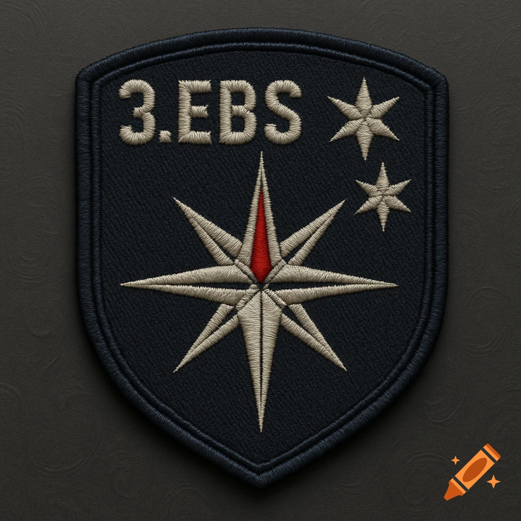 A dark blue embroidered shield-shaped patch with '3.EBS', two stars, and a central compass rose with a red needle.