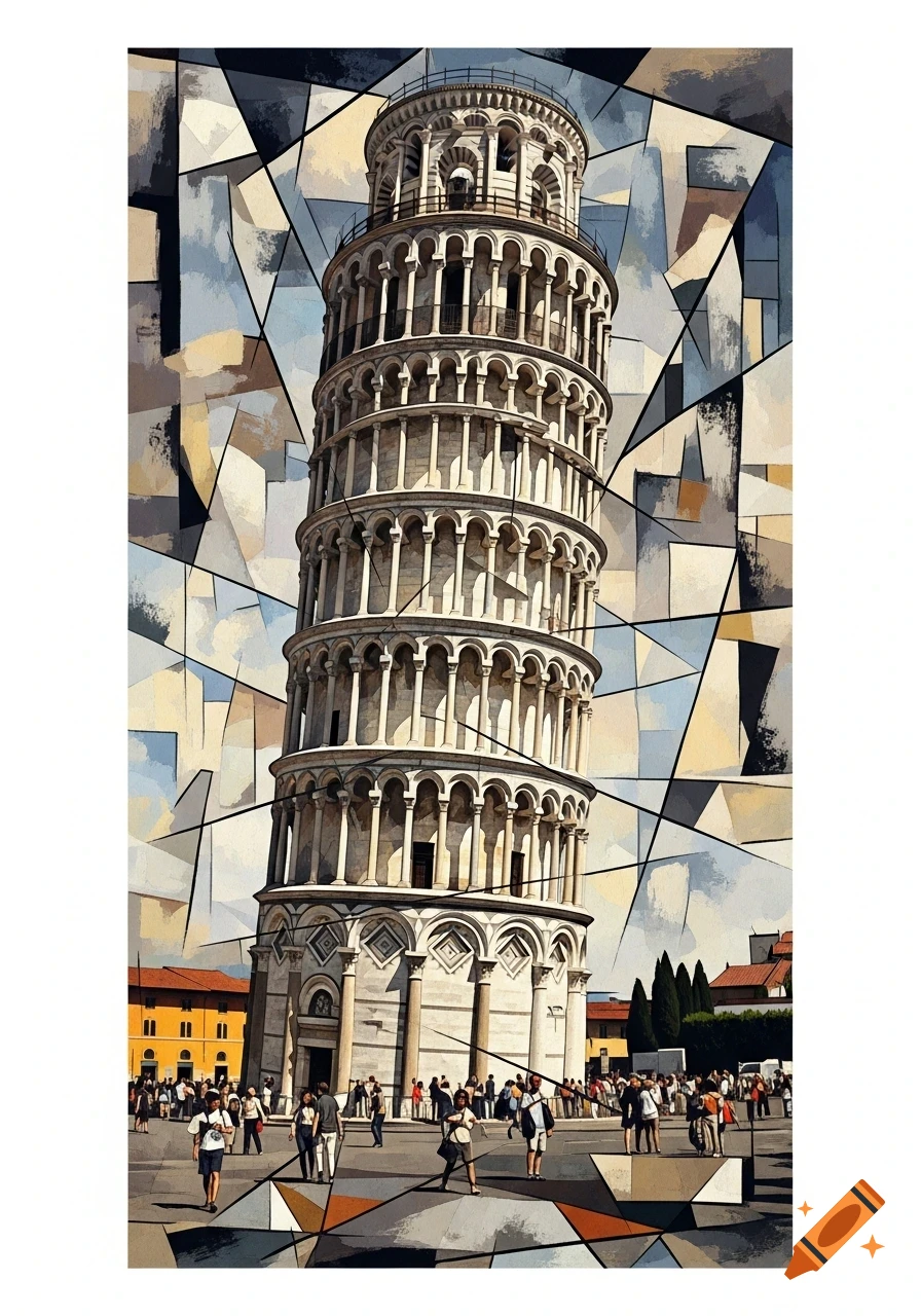 Cubist depiction of the Leaning Tower of Pisa with people around its base.