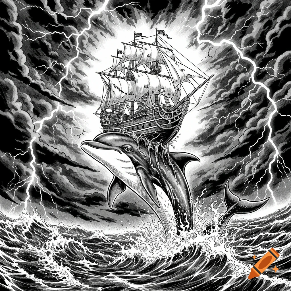 Black and white manga illustration of a pirate ship riding on a dolphin through a stormy sea with lightning.