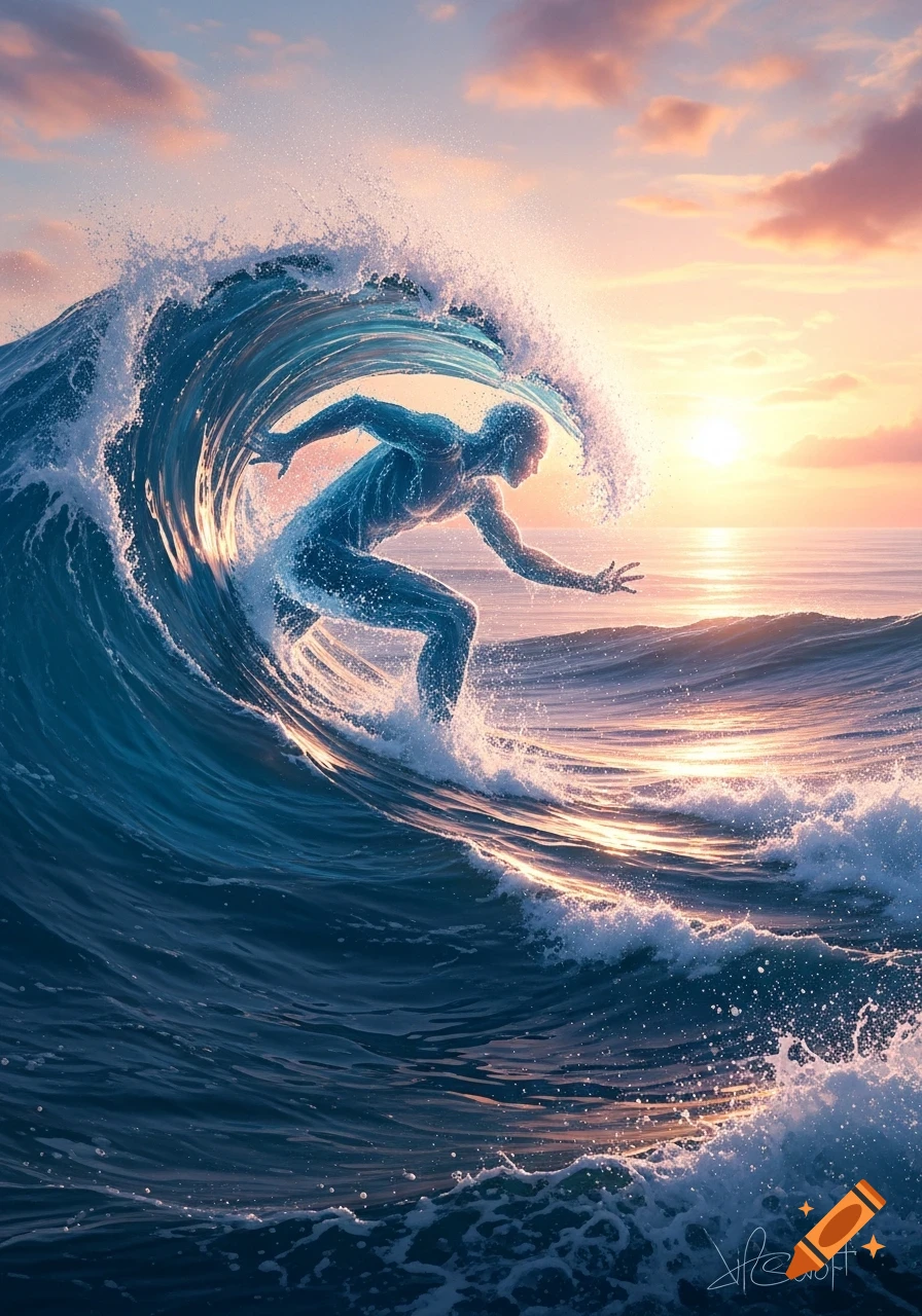 A luminous blue water figure surfs a large ocean wave at sunset, with orange and pink skies.