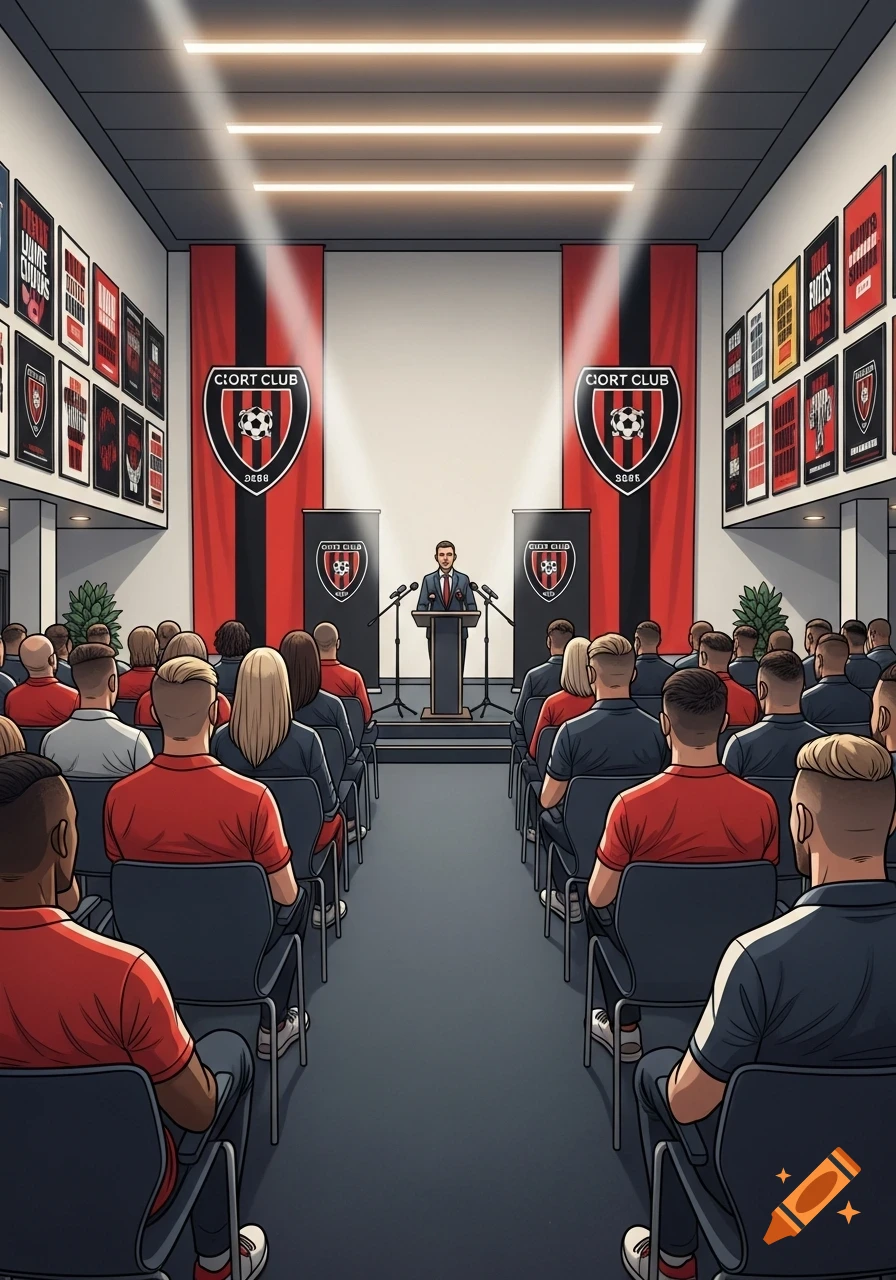 An illustrated view of a man speaking at a podium to an audience in a large room with a sports club logo on banners.